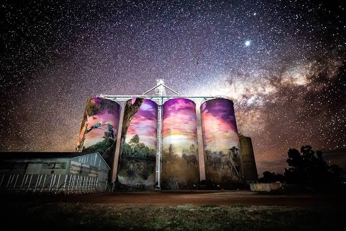 Thallon silo art illuminated under the Milky Way, outback Queensland