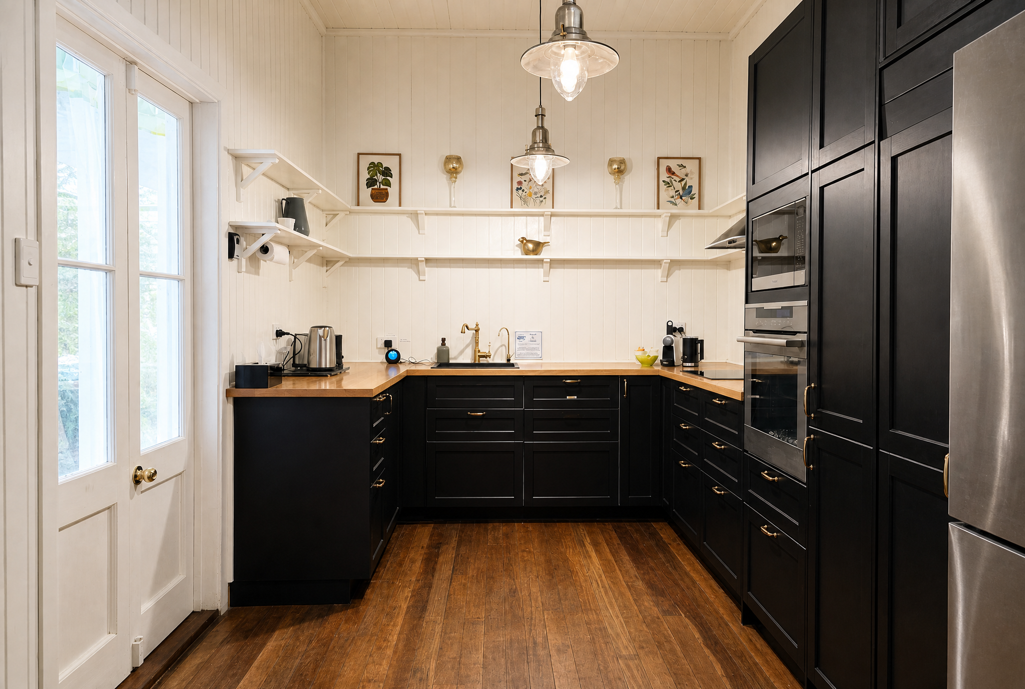 Kitchen at Little Anchorage — black cabinetry, timber benchtops, brass fittings